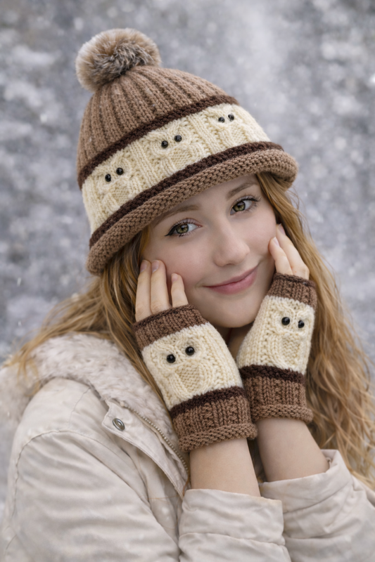 🦉 Owl Beanie &amp; Fingerless Gloves Set – Knit Flat Knitting Pattern
